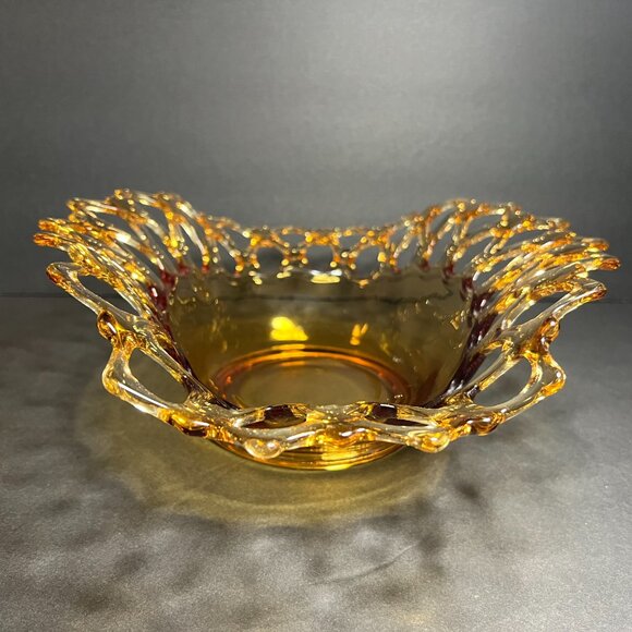 Vintage Westmoreland Amber Doric Centerpiece Lace Lattice Edge Glass Bowl - Picture 7 of 8
